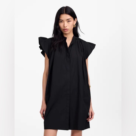 Madewell NWT Flutter Sleeve Button-Front Mini Dress in Poplin Size XS in Black - Picture 1 of 15